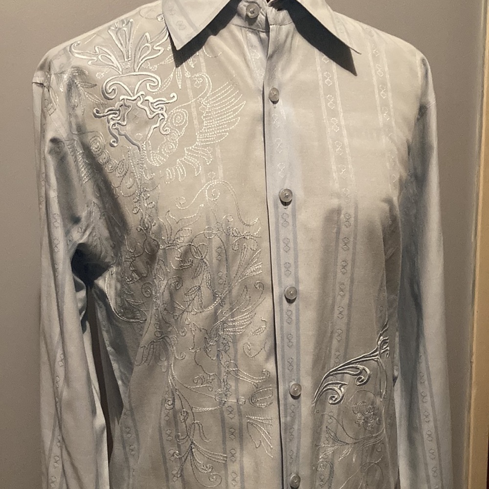 MEN’S FOR HIM UK London blue embroidered dress shirt. Size Medium. Never worn.
